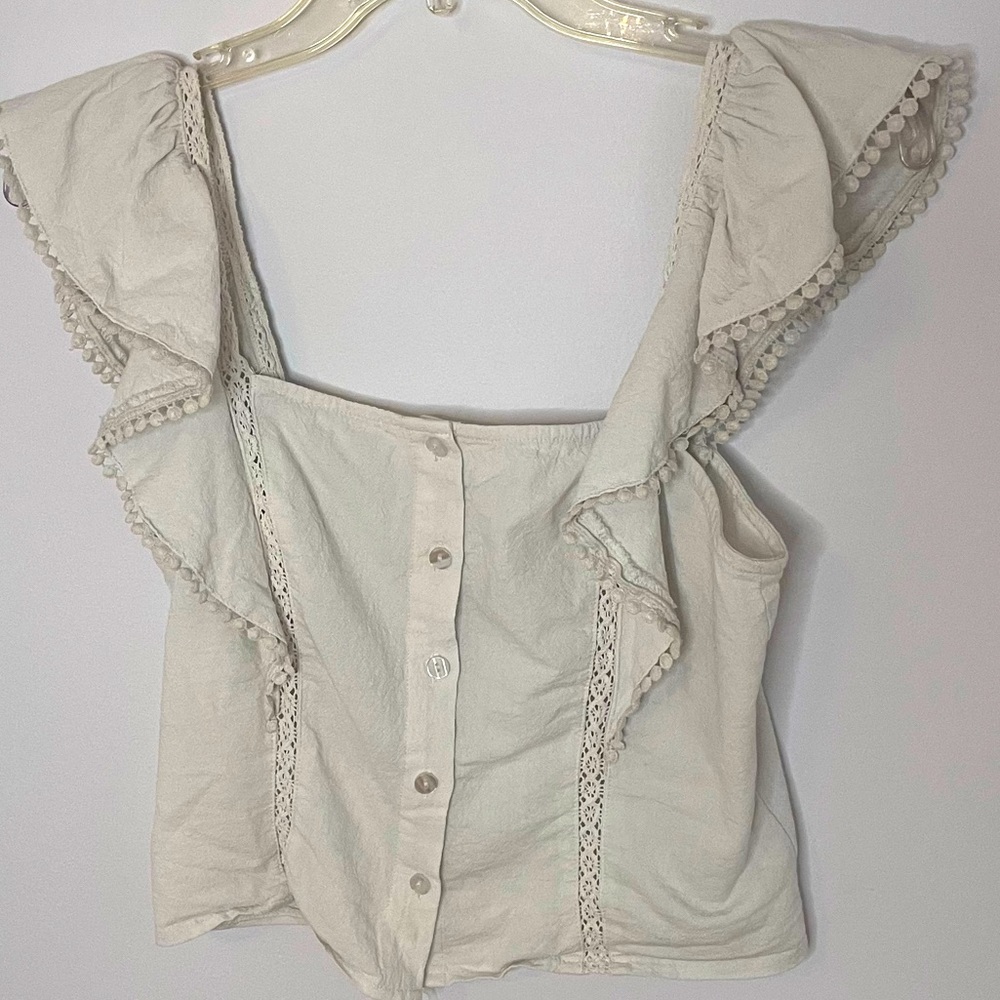 Off-white Cropped Ruffle Sleeve Top Tank Shirt Buttons Crochet Women Small